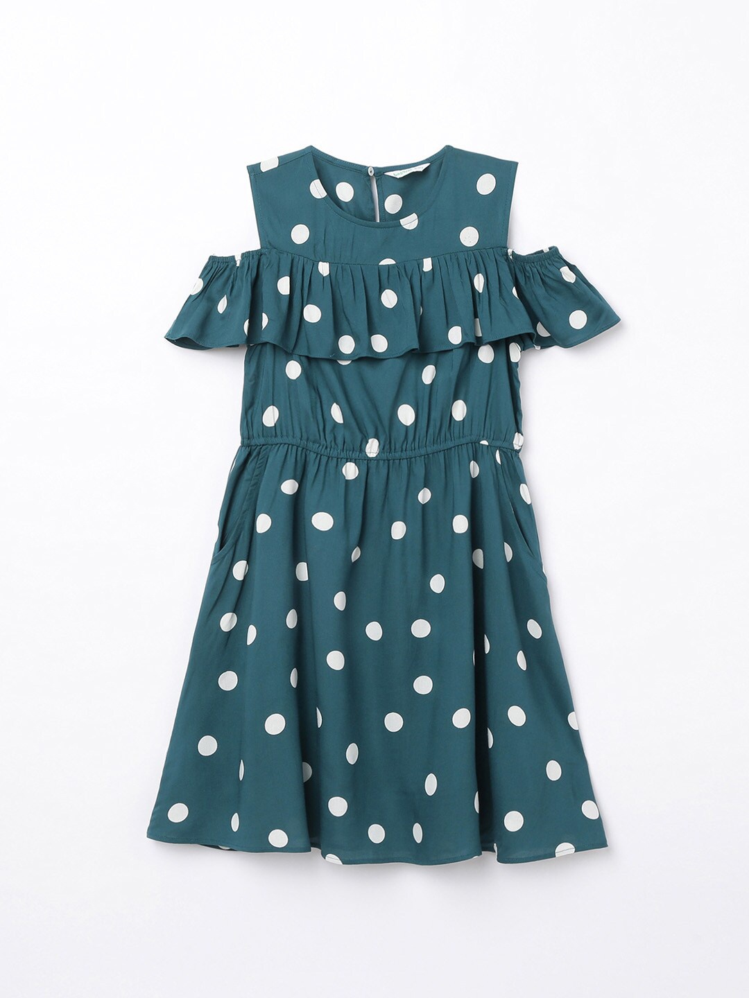 

Bossini Girls Green & White Polka Dots Printed Fit and Flare Dress