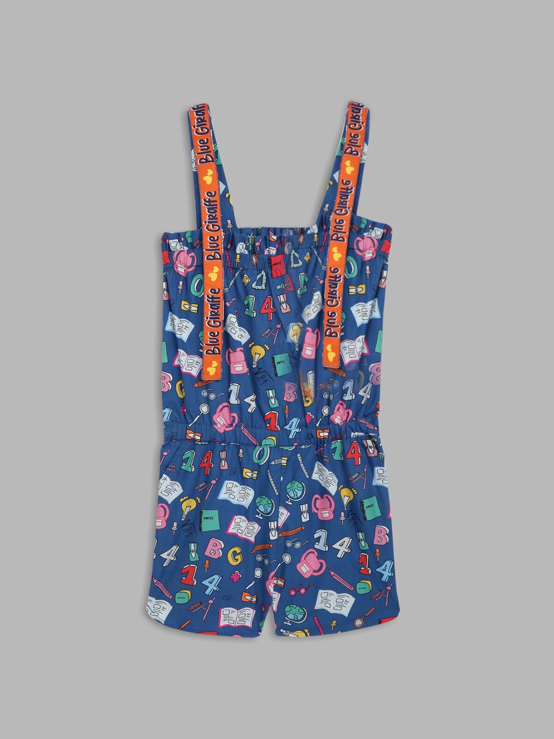 

Blue Giraffe Girls Navy Blue & Orange Printed Pure Cotton Playsuit