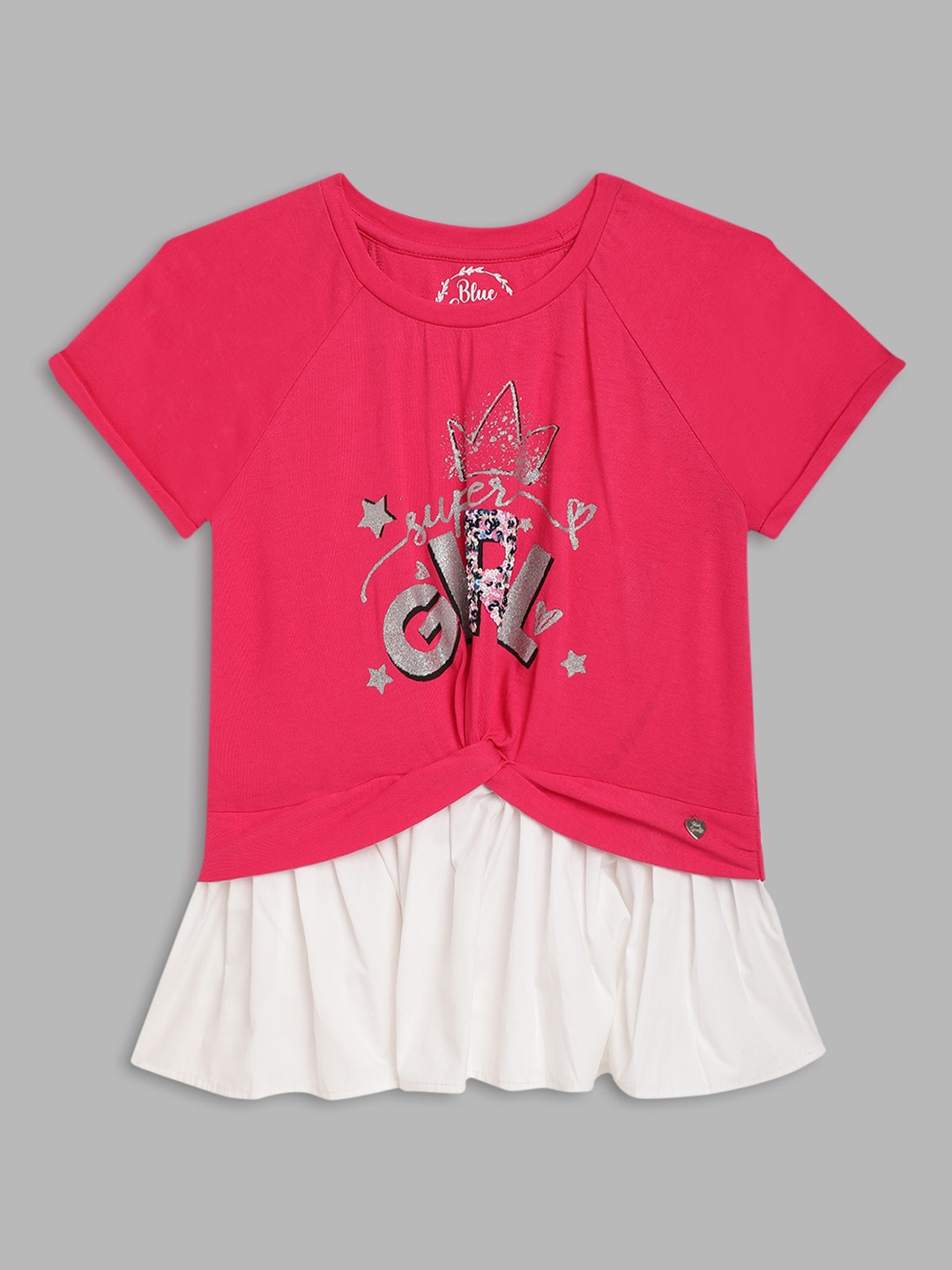 

Blue Giraffe Girls Pink & White Printed Pure Cotton Top