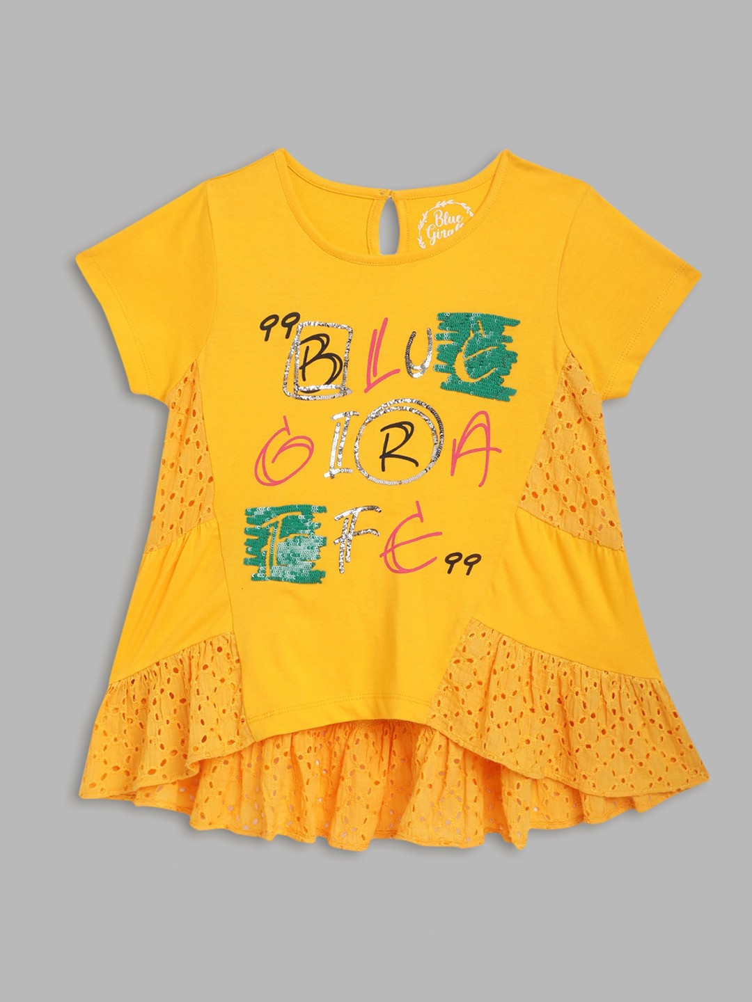 

Blue Giraffe Girls Yellow Sequinned A-Line High Low Pure Cotton Dress