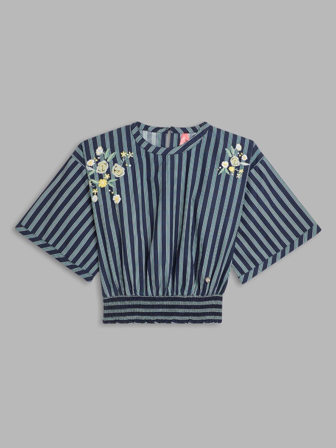 

Blue Giraffe Multicoloured Striped Extended Sleeves Blouson Cotton Top, Multi