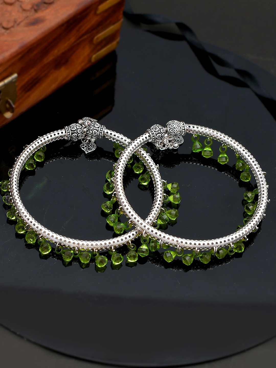 

Silvermerc Designs Set Of 2 Silver-Plated & Green Beaded Anklets