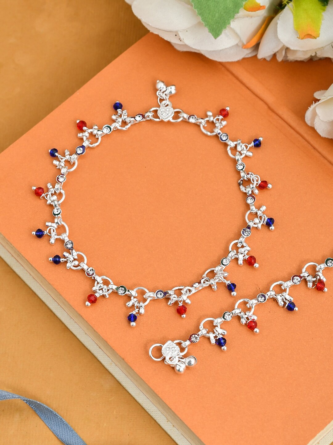 

Silvermerc Designs Set Of 2 Silver-Plated Red & Blue Stone Studded HandCrafted Anklet