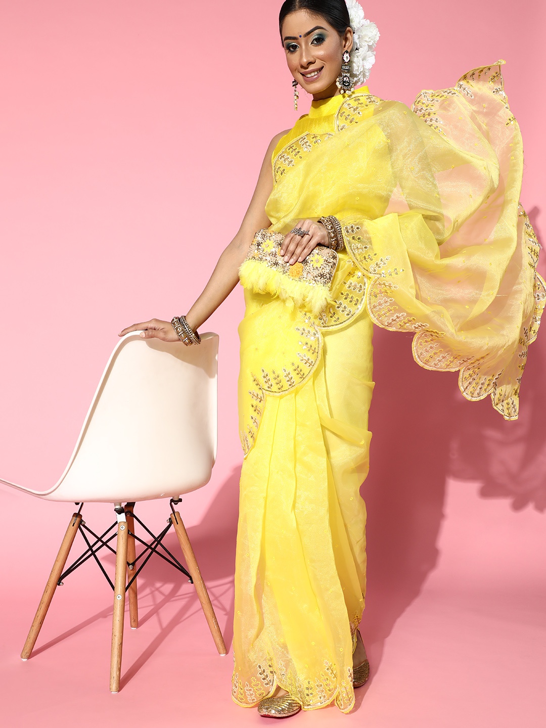 

Mitera Geometric Saree with Embroidered Border, Yellow