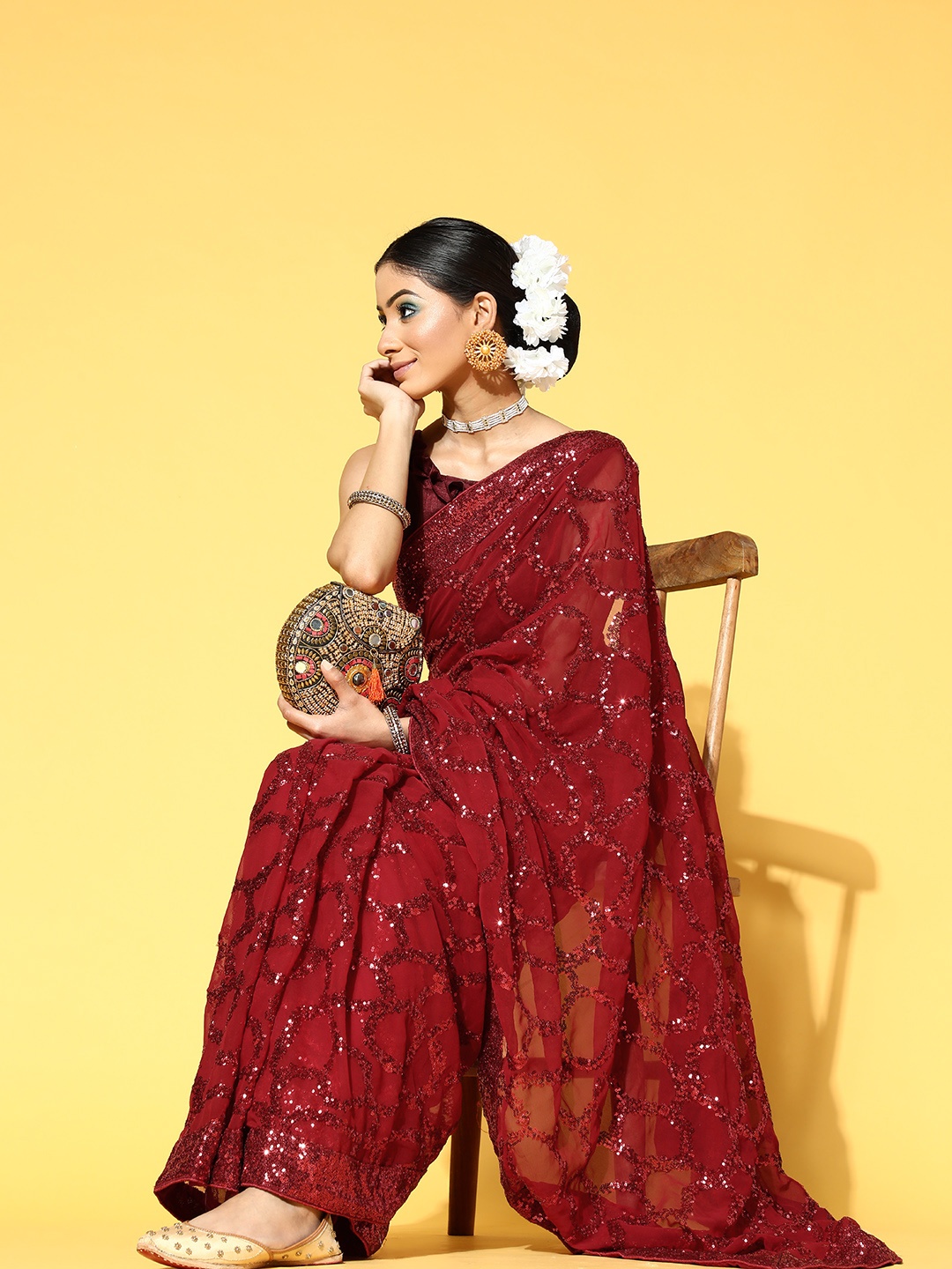 

Mitera Embellished Saree with Border, Maroon