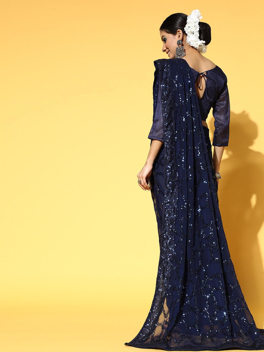 

Mitera Embellished Saree with Embroidered Border, Navy blue