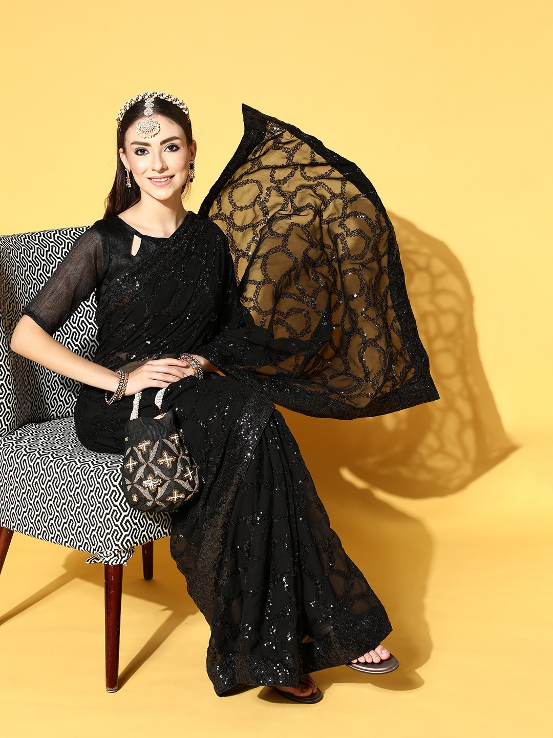 Mitera Embellished Saree with Border, Black