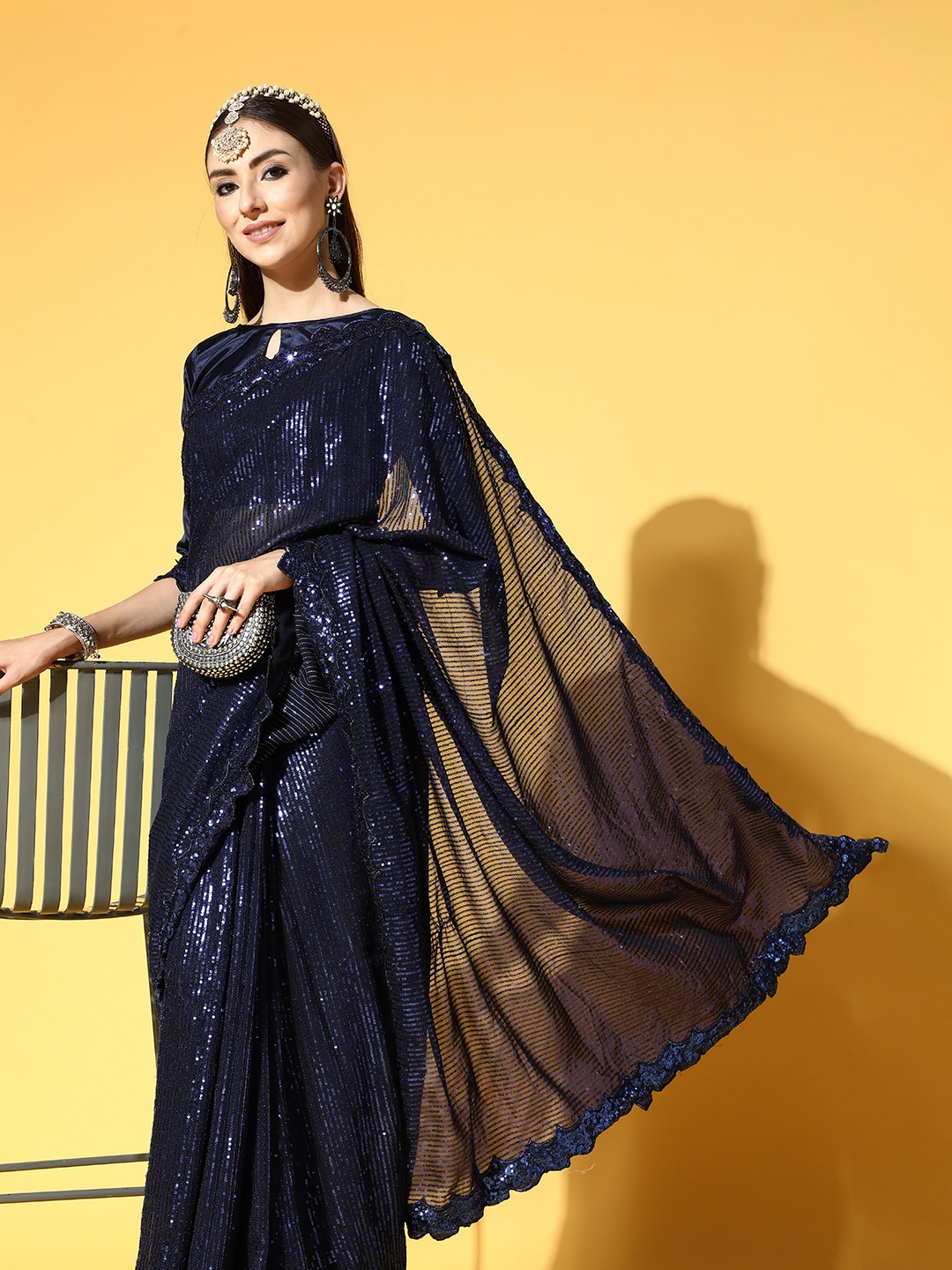 

Mitera Navy Blue Embellished Sequinned Pure Georgette Heavy Work Saree