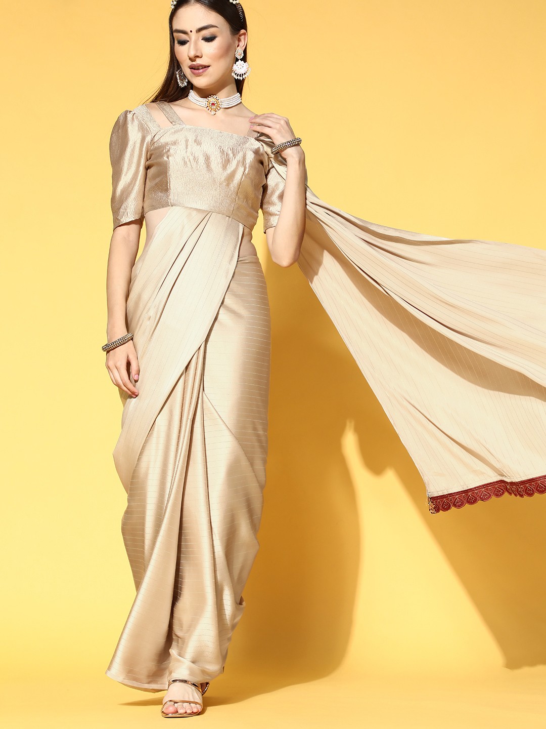 

Mitera Striped Satin Saree with Woven Design border, Gold