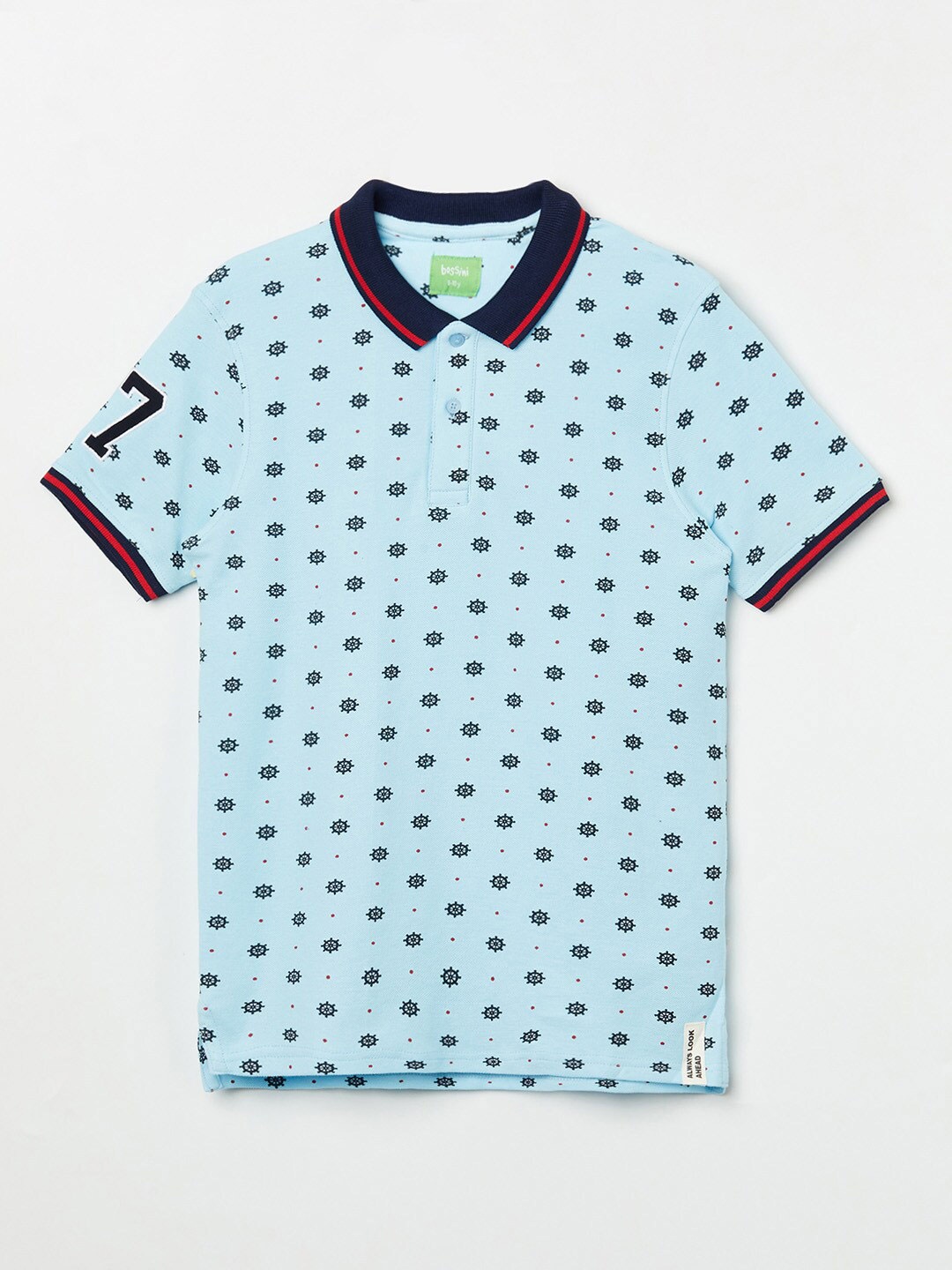 

Bossini Boys Navy Blue Printed Polo Collar Pure Cotton Applique T-shirt