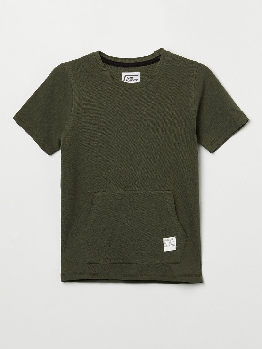 

Fame Forever by Lifestyle Boys Olive Green Typography Pure Cotton Applique T-shirt
