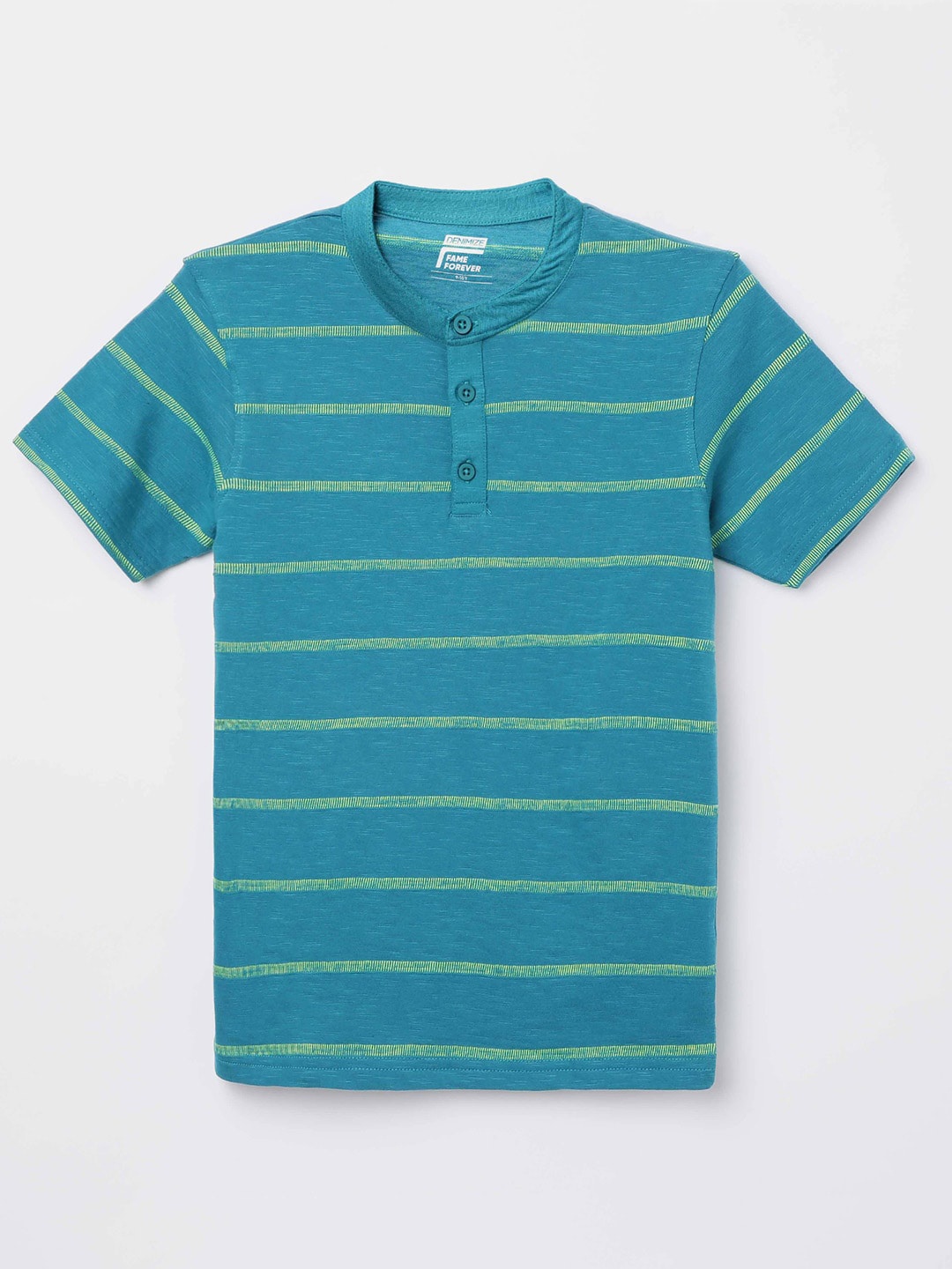 

Fame Forever by Lifestyle Boys Teal Striped Henley Neck Pure Cotton Pockets T-shirt