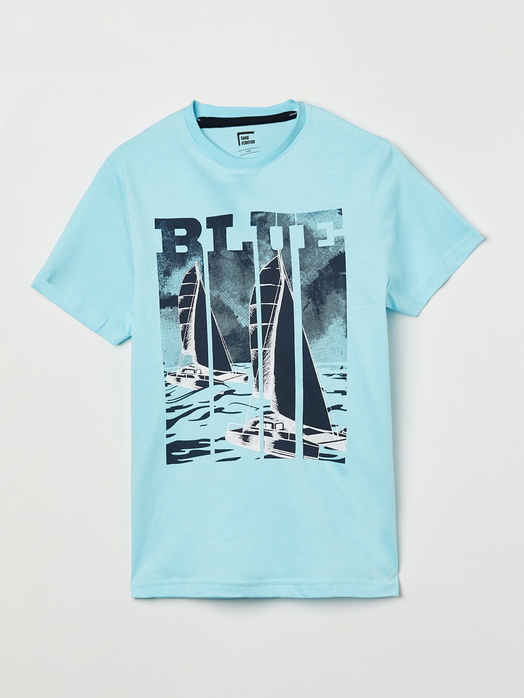 

Fame Forever by Lifestyle Boys Blue Printed V-Neck Pure Cotton T-shirt
