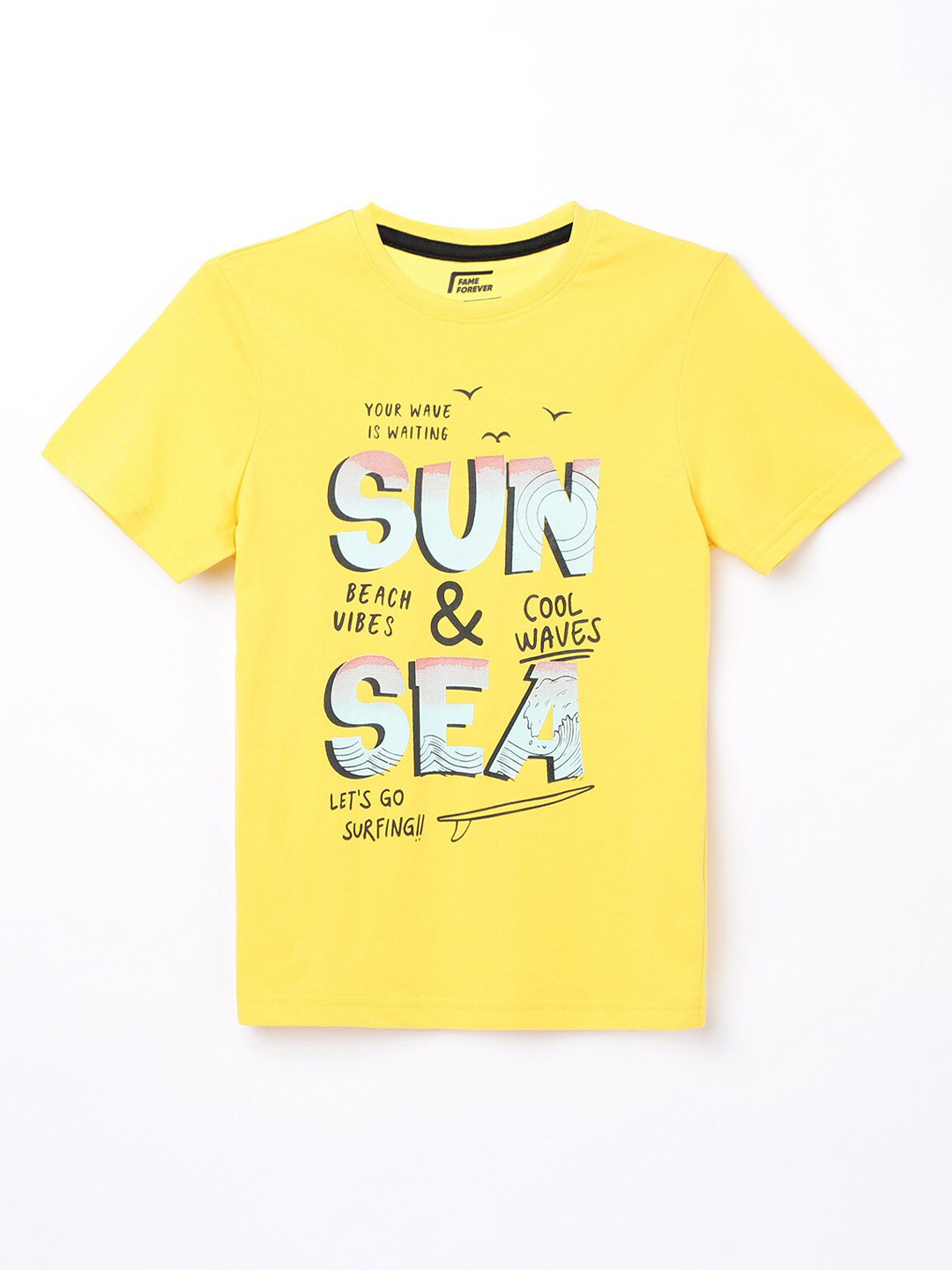 

Fame Forever by Lifestyle Boys Yellow Typography Printed Pure Cotton Applique T-shirt