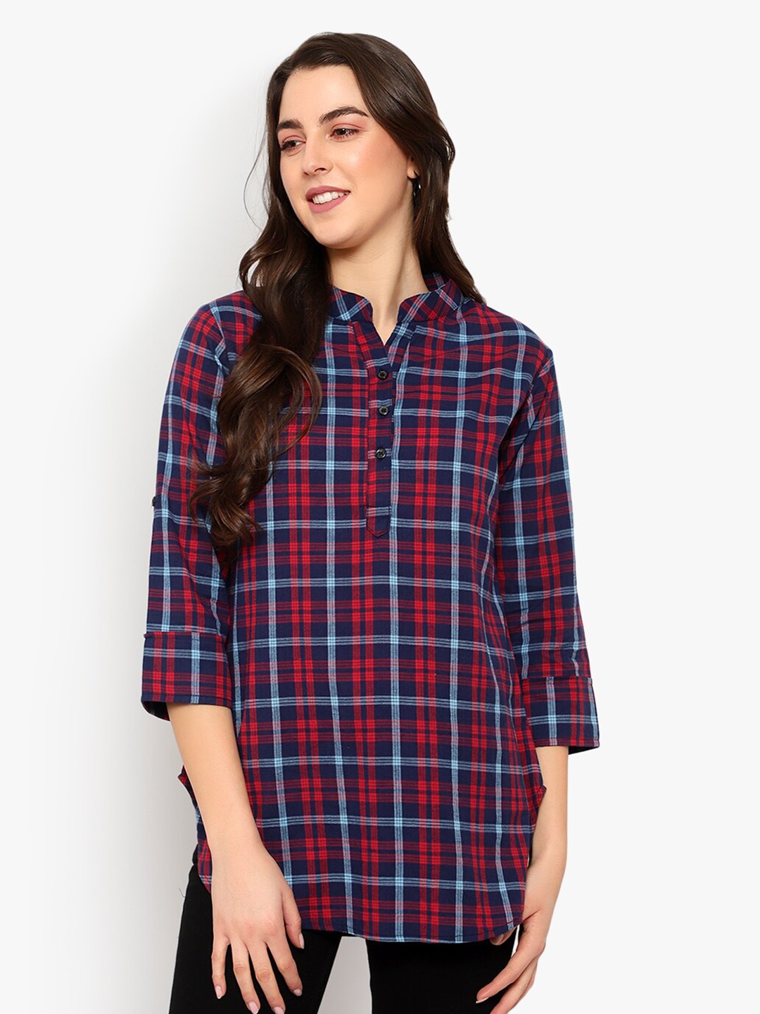 

Indietoga Blue & Red Mandarin Collar Checked Tunic