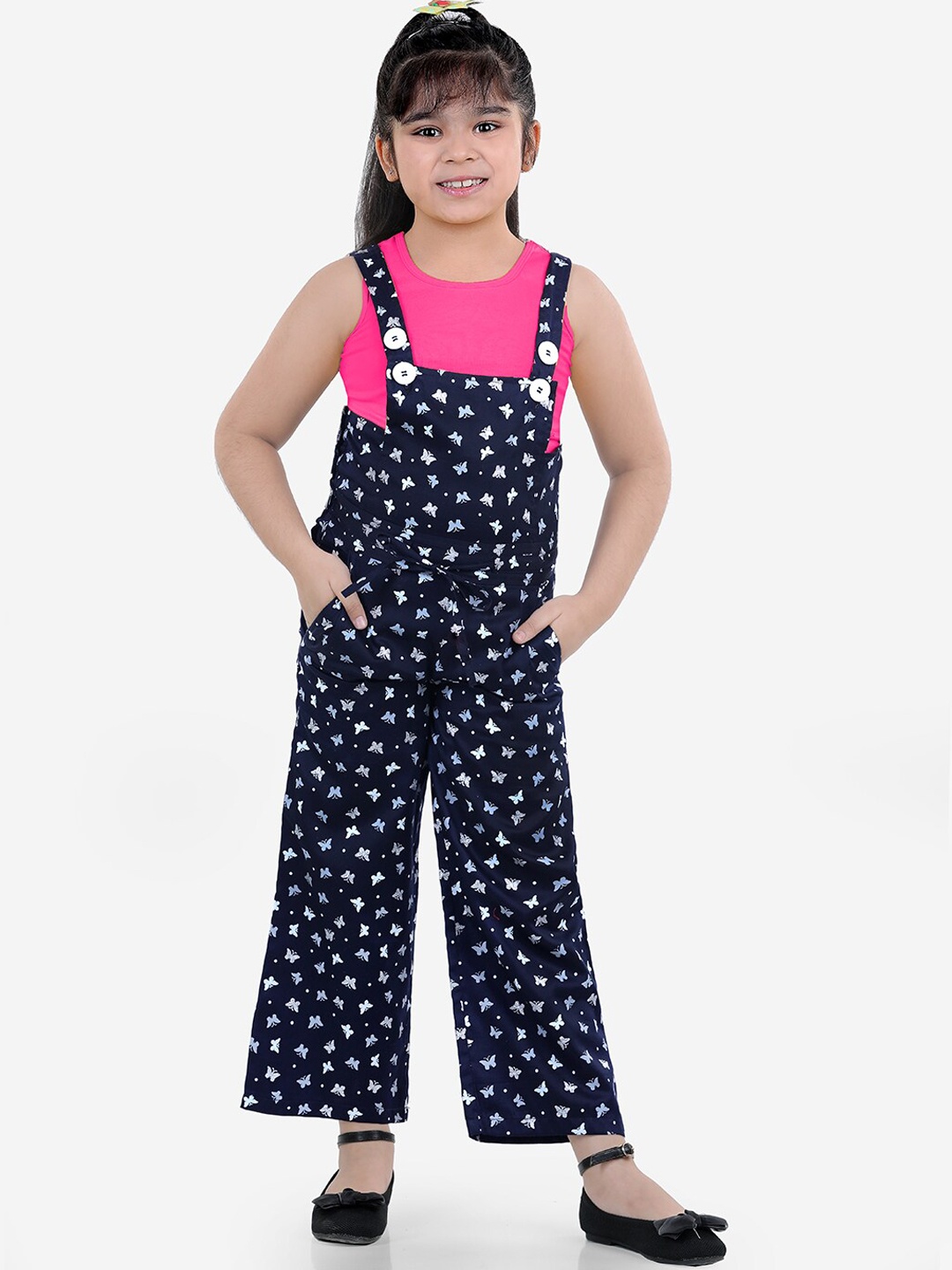 

Naughty Ninos Girls Navy Blue & White Printed Dungarees With Top