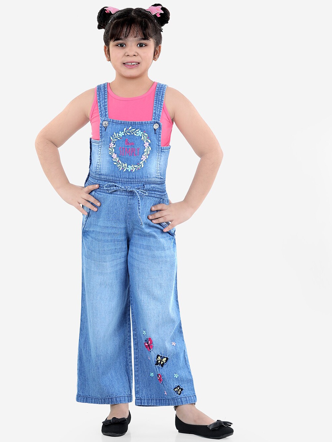 

Naughty Ninos Girls Blue Floral Denim Embroidred Dungarees with Knitted Top
