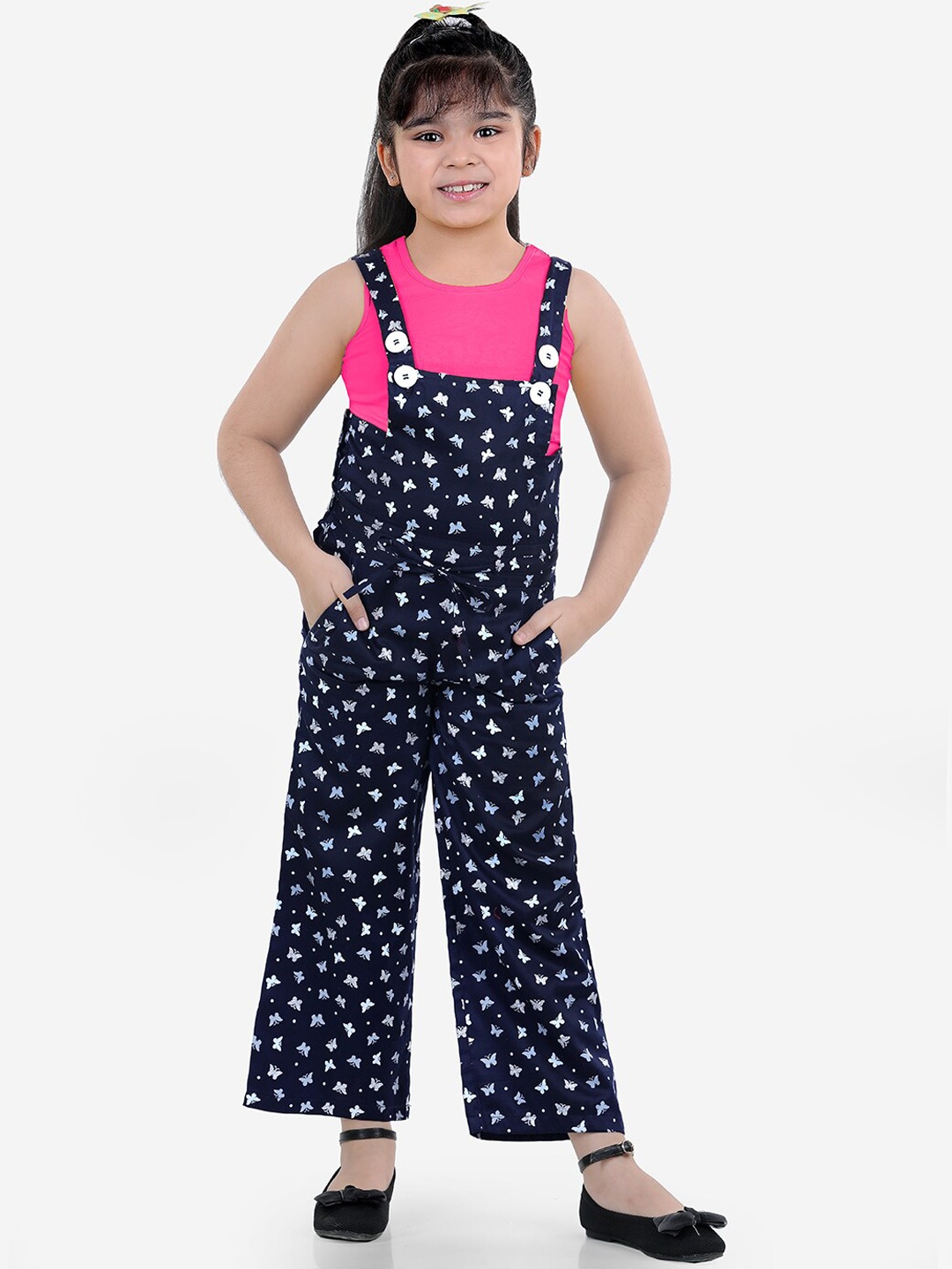 

Naughty Ninos Girls Navy Blue & Pink Butterfly Printed Dungarees With Top