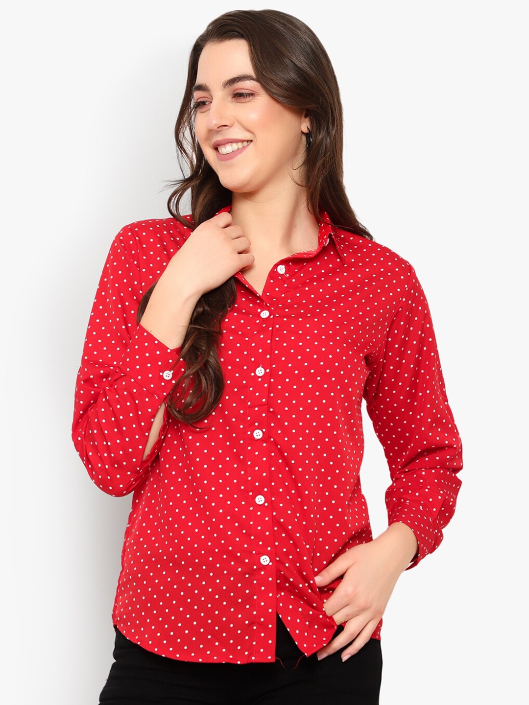 

Indietoga Women Red & White Polka Dots Printed Classic Casual Shirt