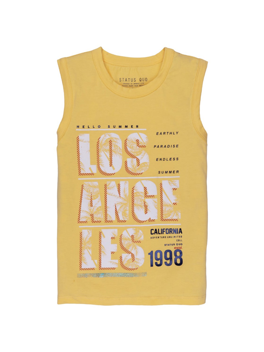 

Status Quo Boys Yellow Typography Printed Sleeveless Cotton T-shirt