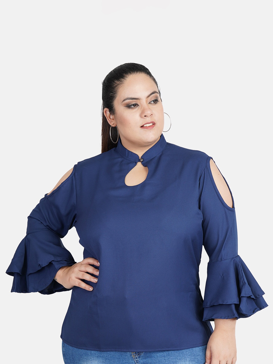 

Indietoga Women Plus Size Blue Keyhole Neck Cold Shoulder Crepe Top