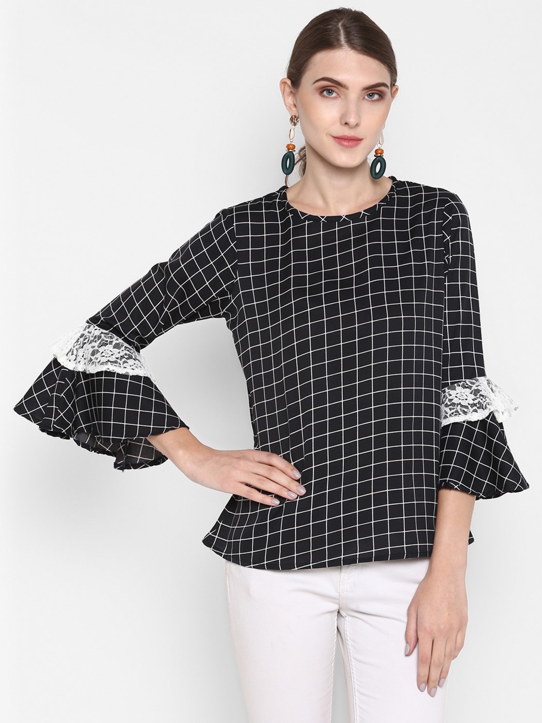 

Indietoga Women Black Checked Crepe Top