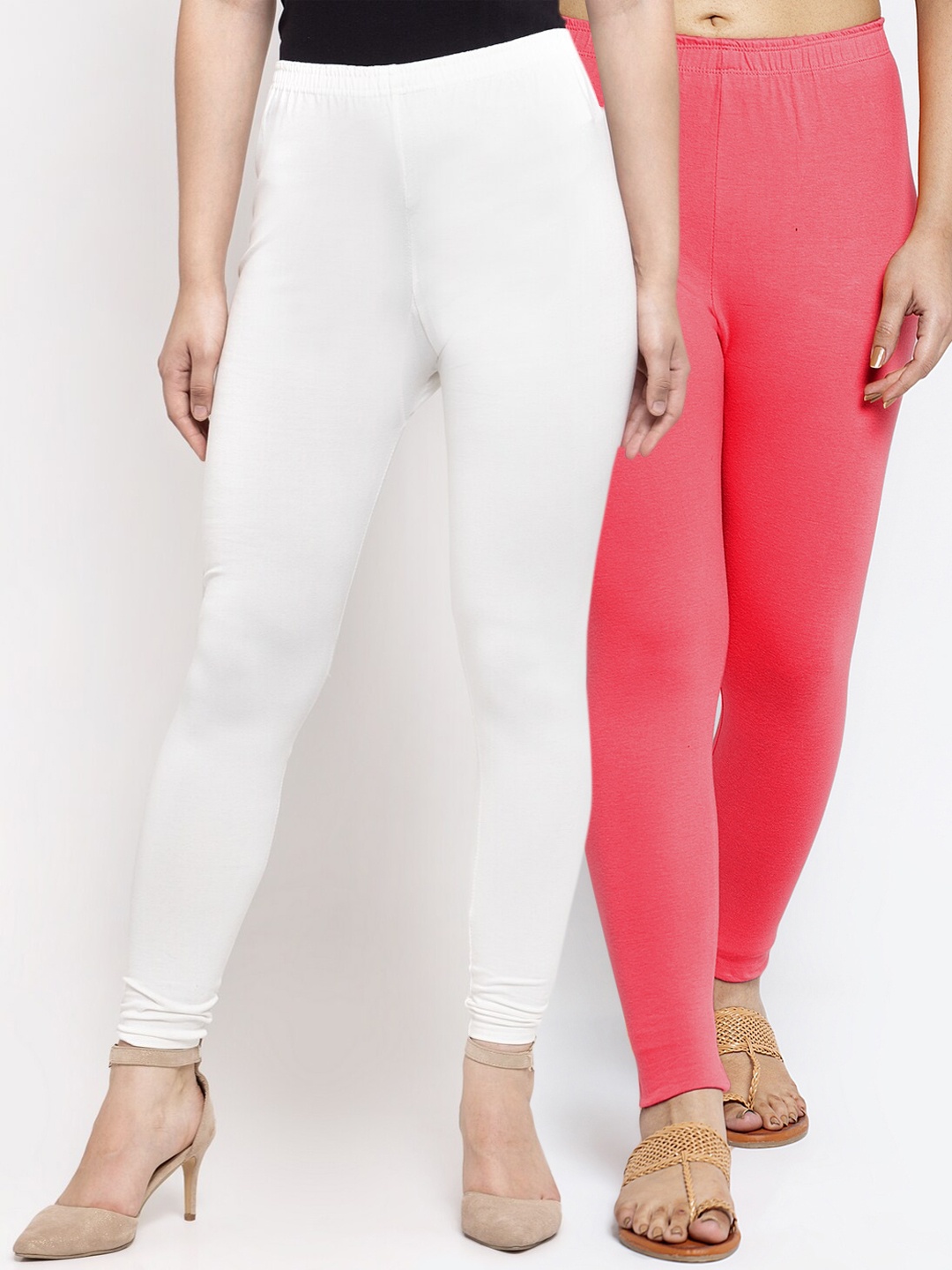 

GRACIT Women Peach & White Pack Of 2 Solid Ankle-Length Leggings