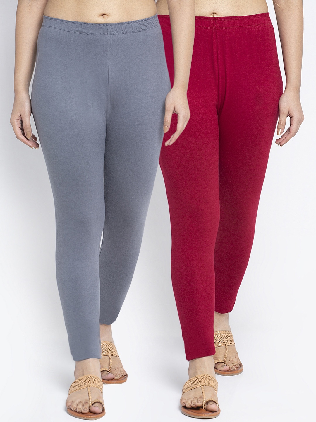

GRACIT Women Grey & Maroon Pack Of 2 Solid Ankle-Length Cotton Leggings