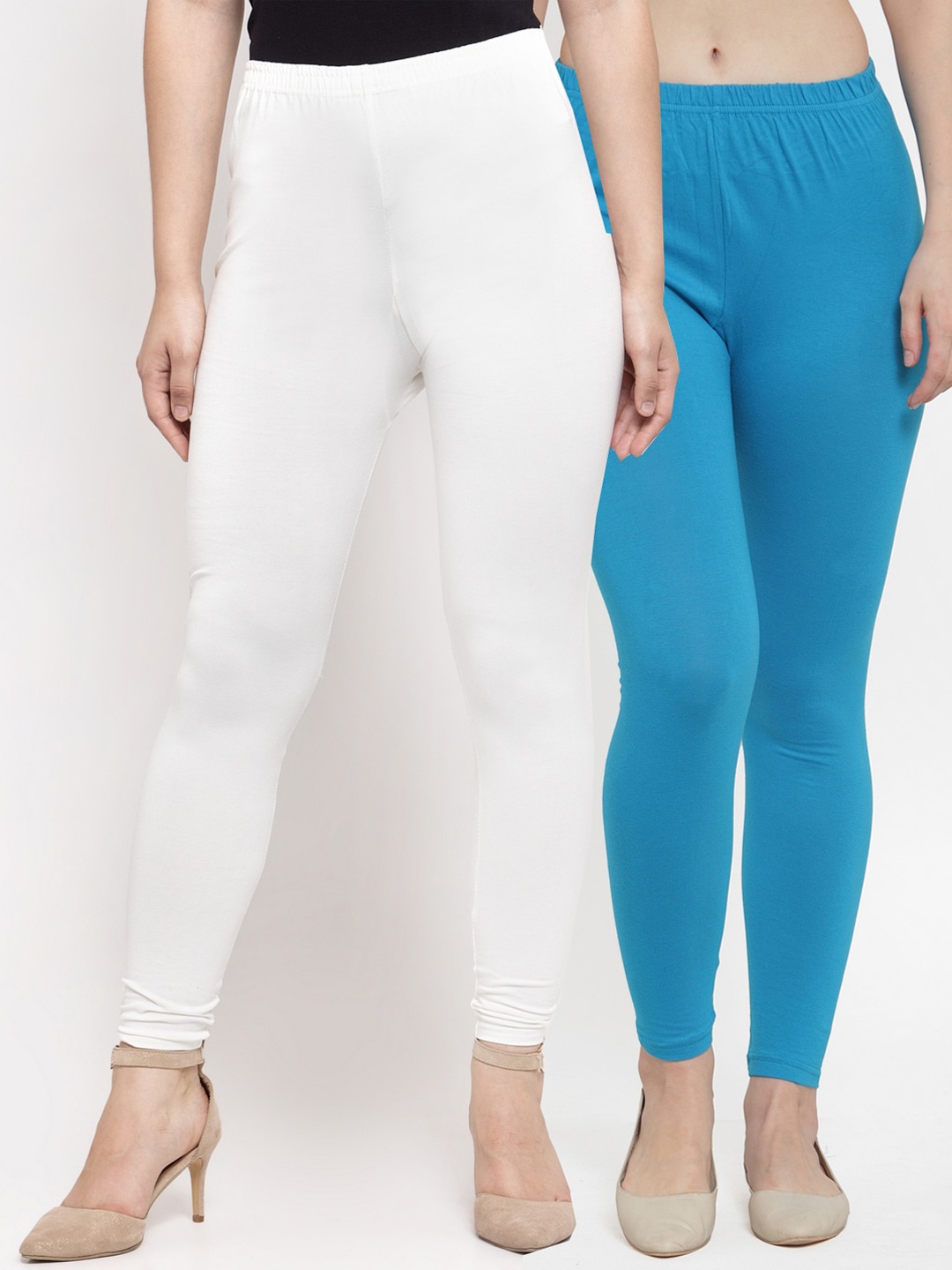 

GRACIT Women White & Turquoise Blue Pack Of 2 Solid Ankle-Length Leggings