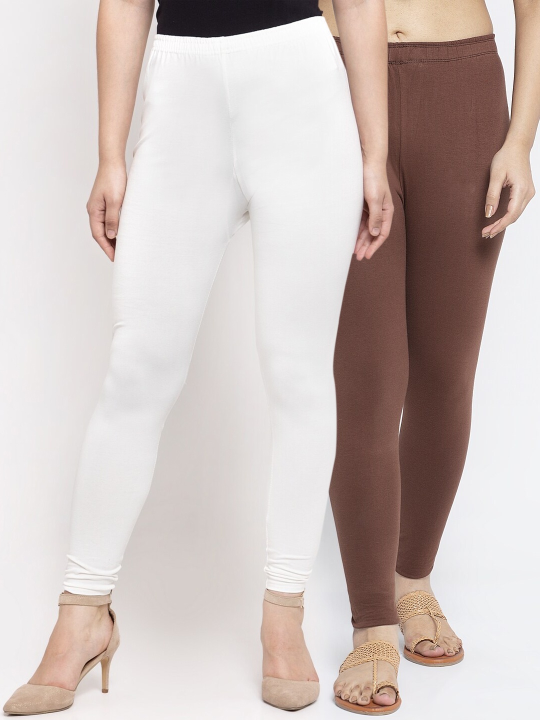 

GRACIT Women White & Brown Pack Of 2 Solid Ankle-Length Cotton Leggings