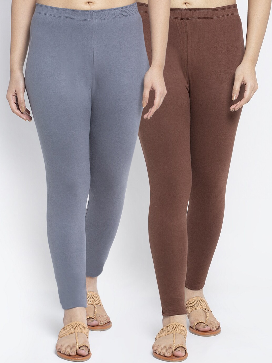 

GRACIT Women Grey & Brown Pack Of 2 Solid Ankle-Length Cotton Leggings