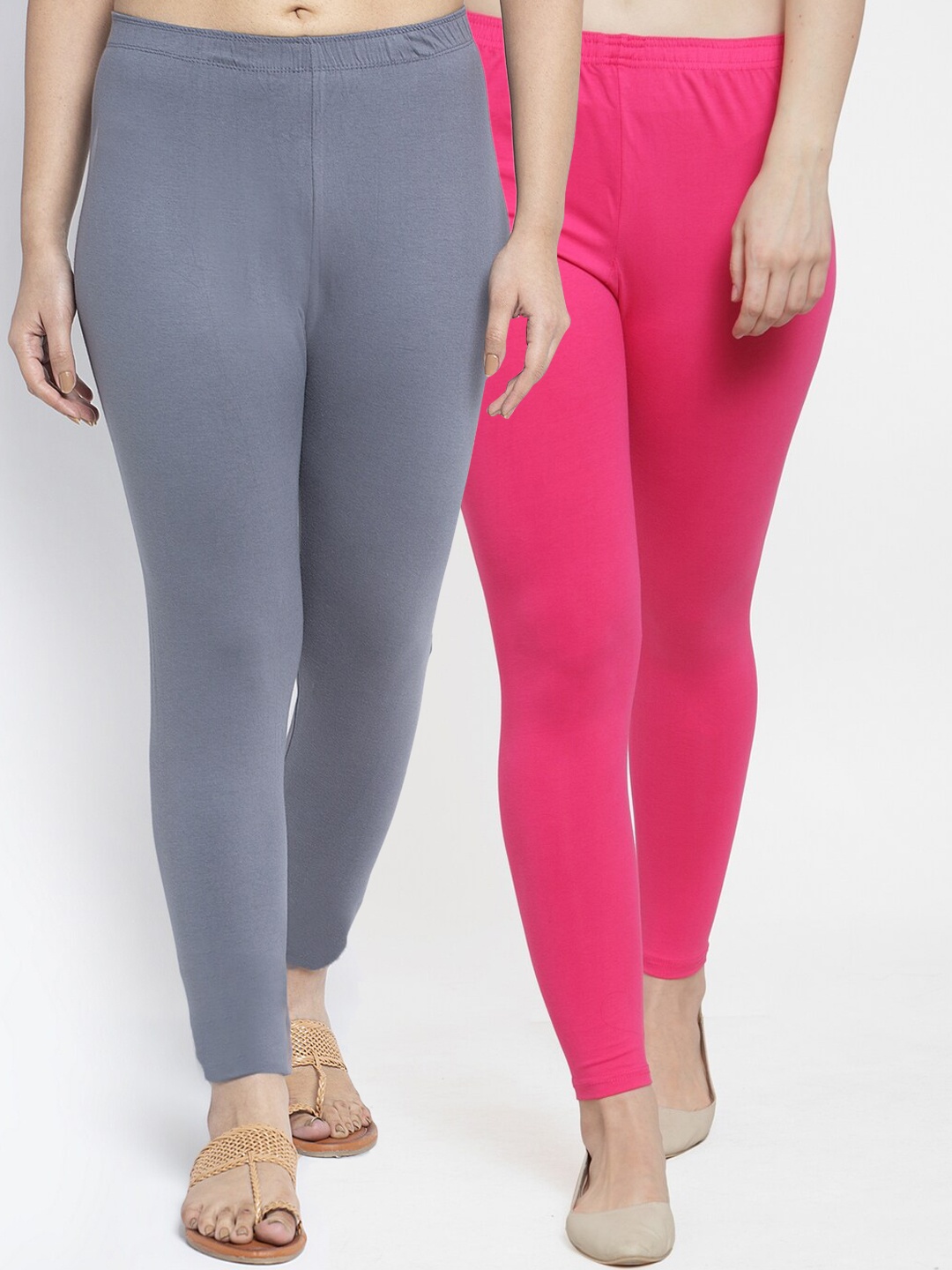 

GRACIT Women Grey & Pink Pack of 2 Solid Ankle-Length Cotton Leggings