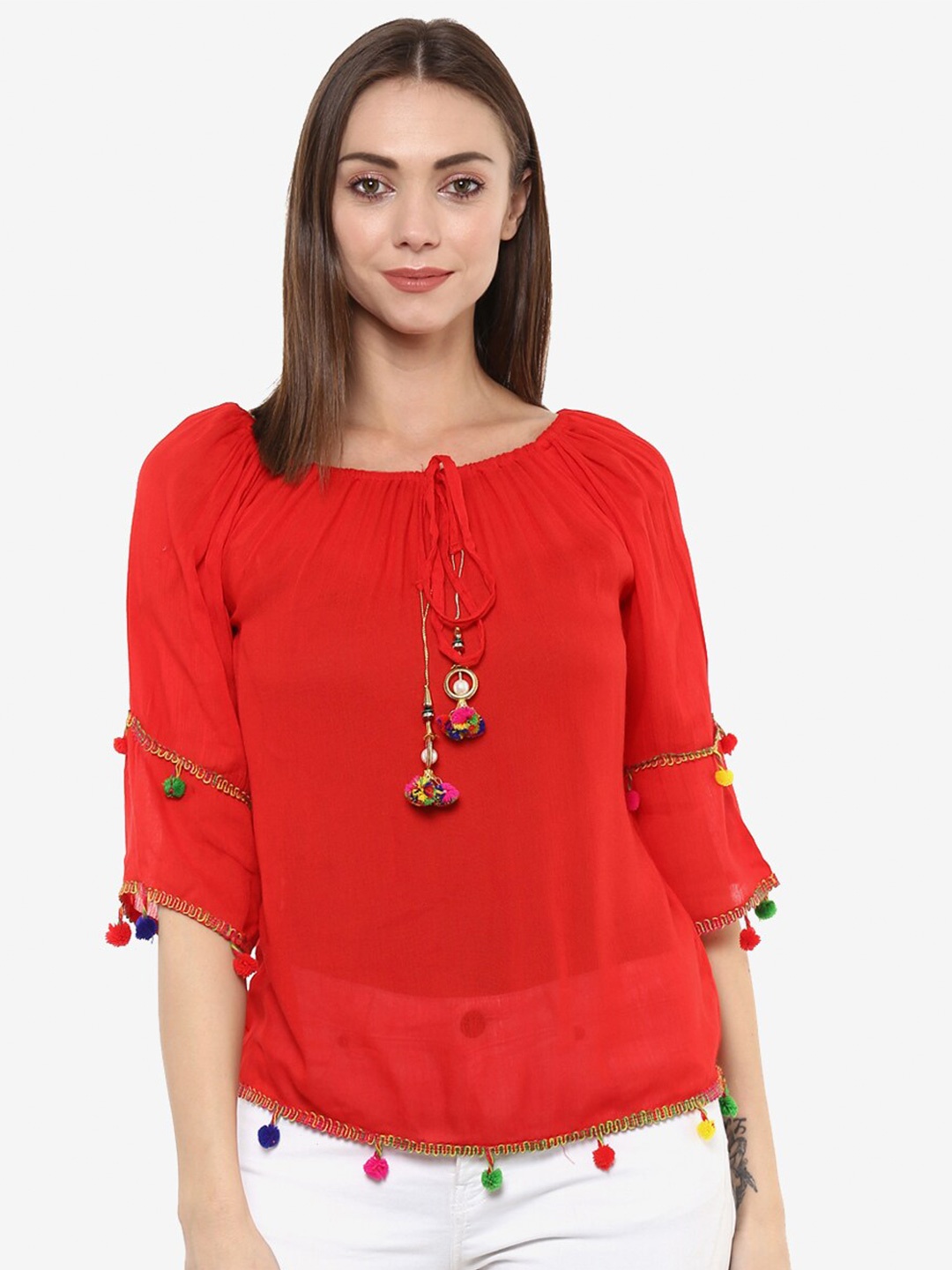 

Indietoga Women Red Tie-Up Neck Top