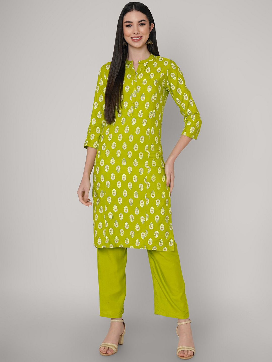 

ORTANGE Women Lime Green Ethnic Motifs Printed Kurta with Trousers