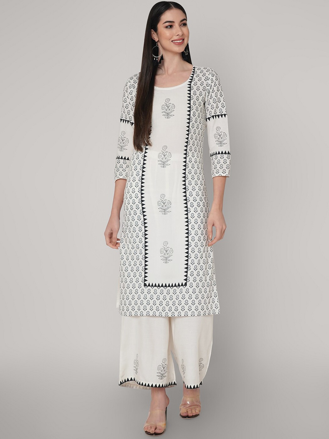 

ORTANGE Women White Ethnic Motifs Printed Gotta Patti Kurta with Palazzos