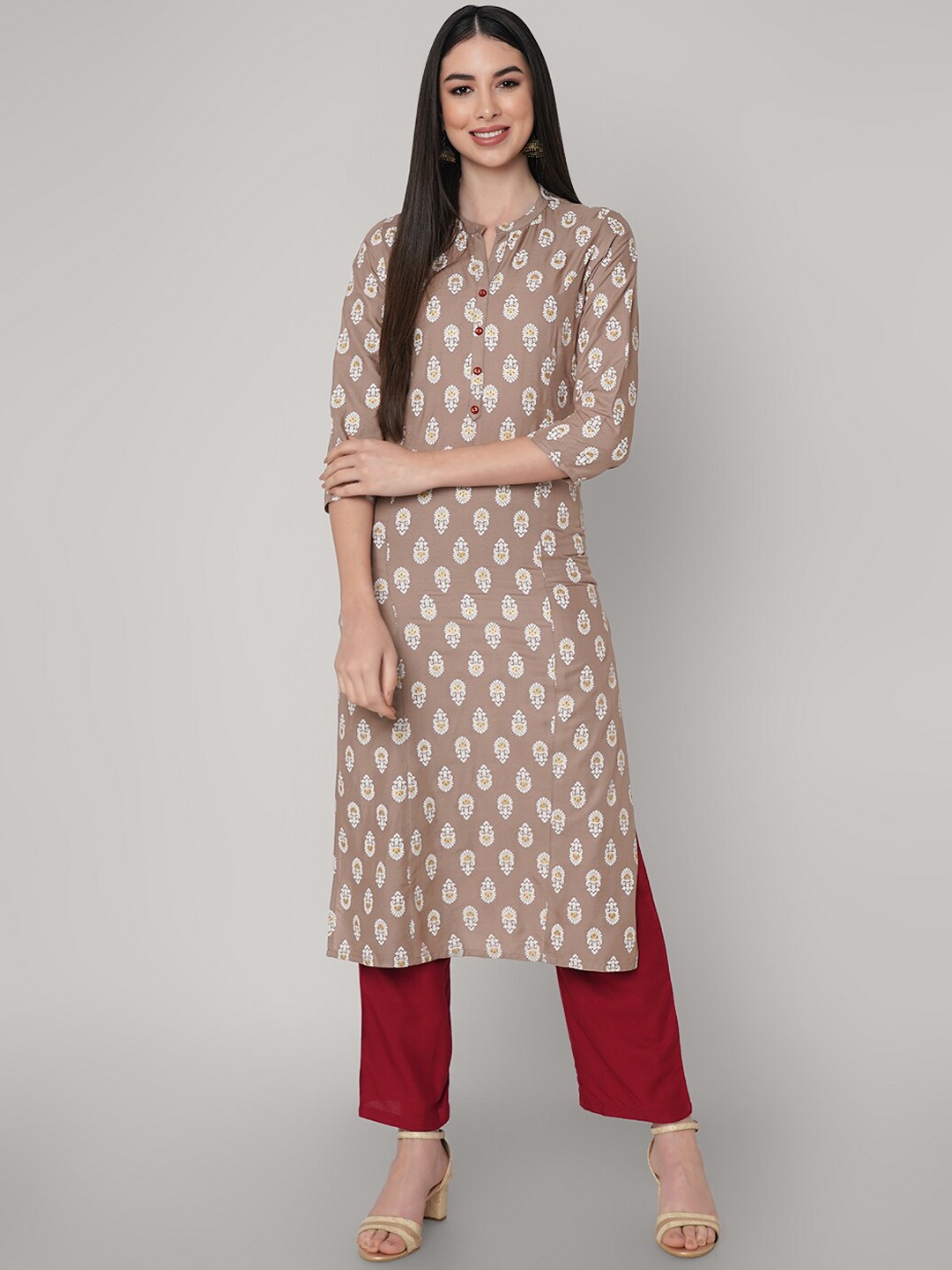 

ORTANGE Women Beige & Maroon Ethnic Motifs Printed Kurta With Palazzos