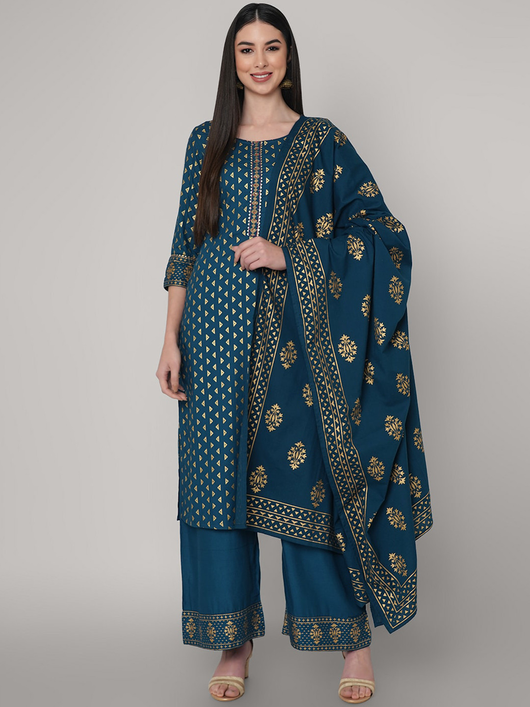 

ORTANGE Women Blue Ethnic Motifs Printed Kurta with Palazzos & With Dupatta