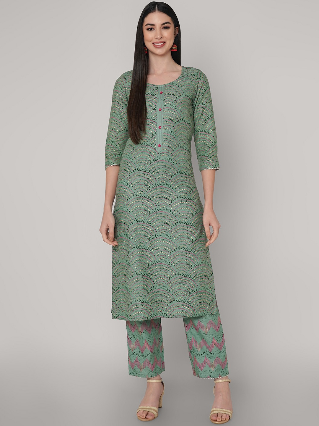 

ORTANGE Women Green Printed Kurta with Trousers