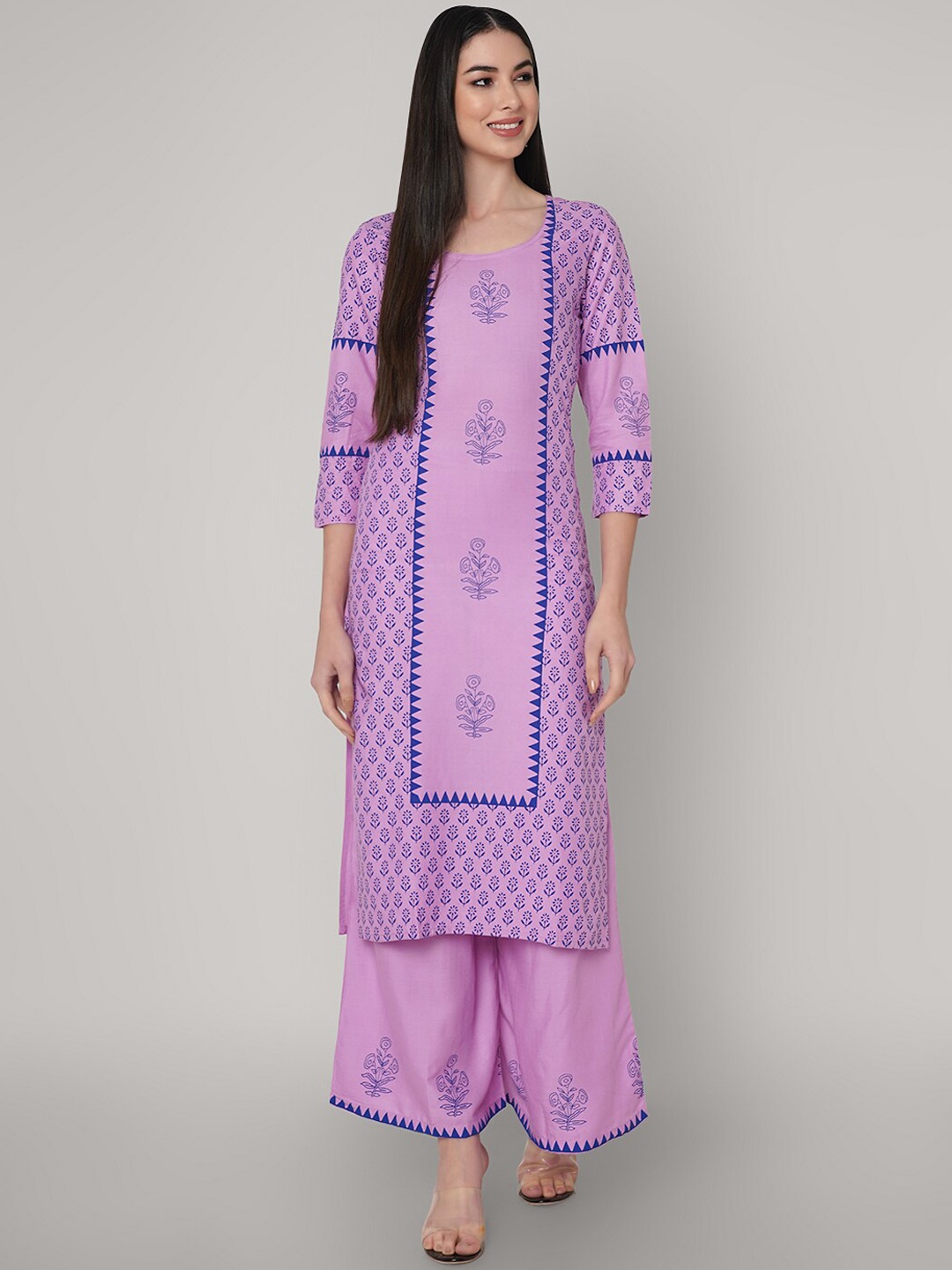 

ORTANGE Women Lavender & Blue Ethnic Motifs Screen Printed Kurta with Palazzos