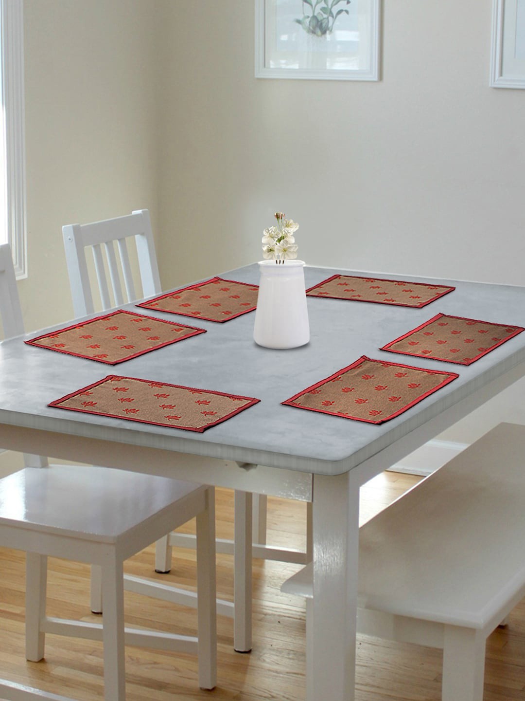 

S9home by Seasons Red & Beige Set Of 6 Floral 6-Seater Table Placemats