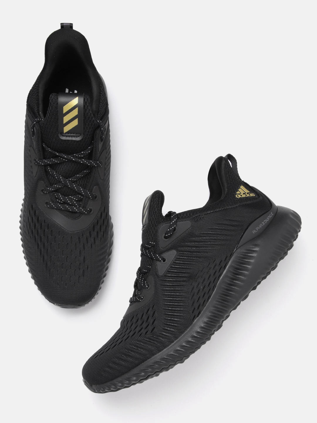 

ADIDAS Men Black & Gold-Toned Woven Design Alphabounce 1 Running Shoes