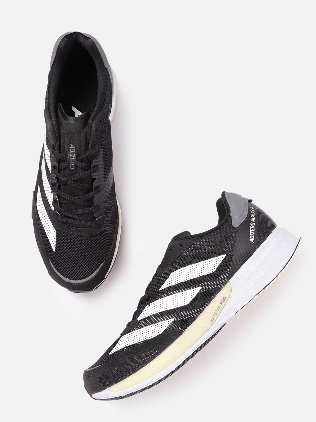 

ADIDAS Men Black & White Striped Woven Design Adizero Adios 6 Sustainable Running Shoes