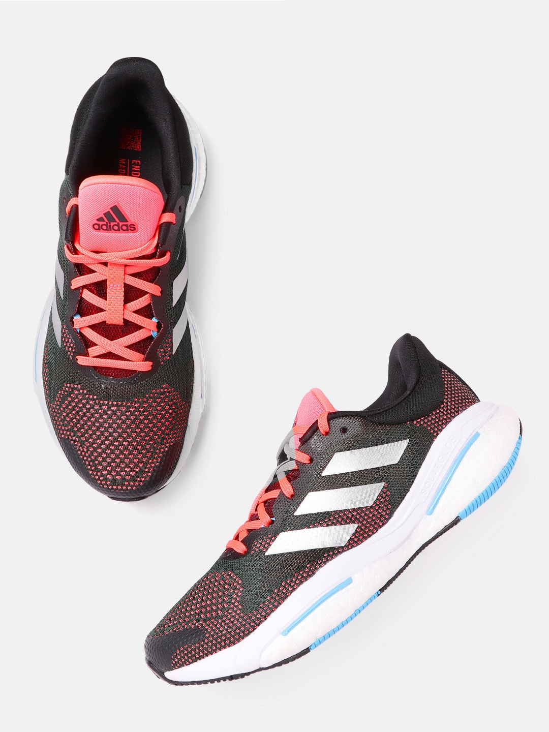 

ADIDAS Men Black & Pink Woven Design Boost Midsole Solar Glide 5 Sustainable Running Shoes