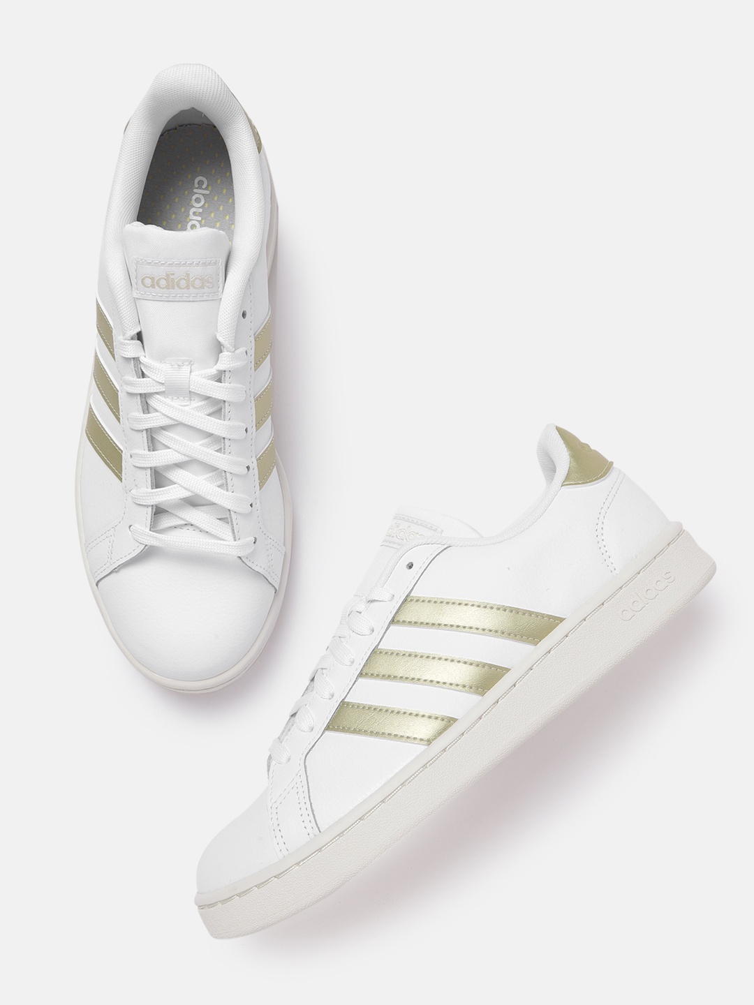 

ADIDAS Women White & Gold-Toned Leather Grand Court Sustainable Tennis Shoes