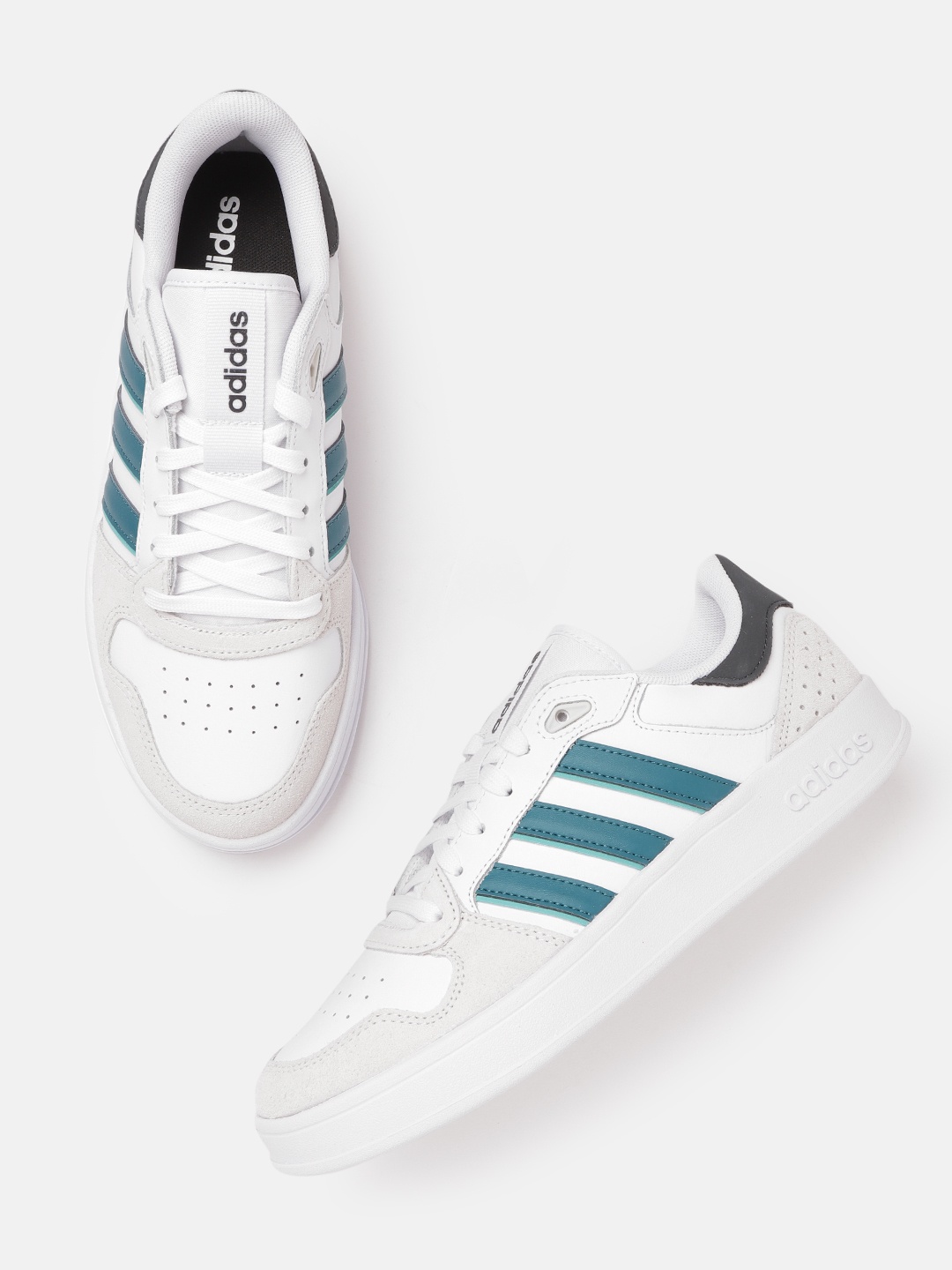 

ADIDAS Men White & Teal Blue Woven Design Breaknet Plus Tennis Shoes
