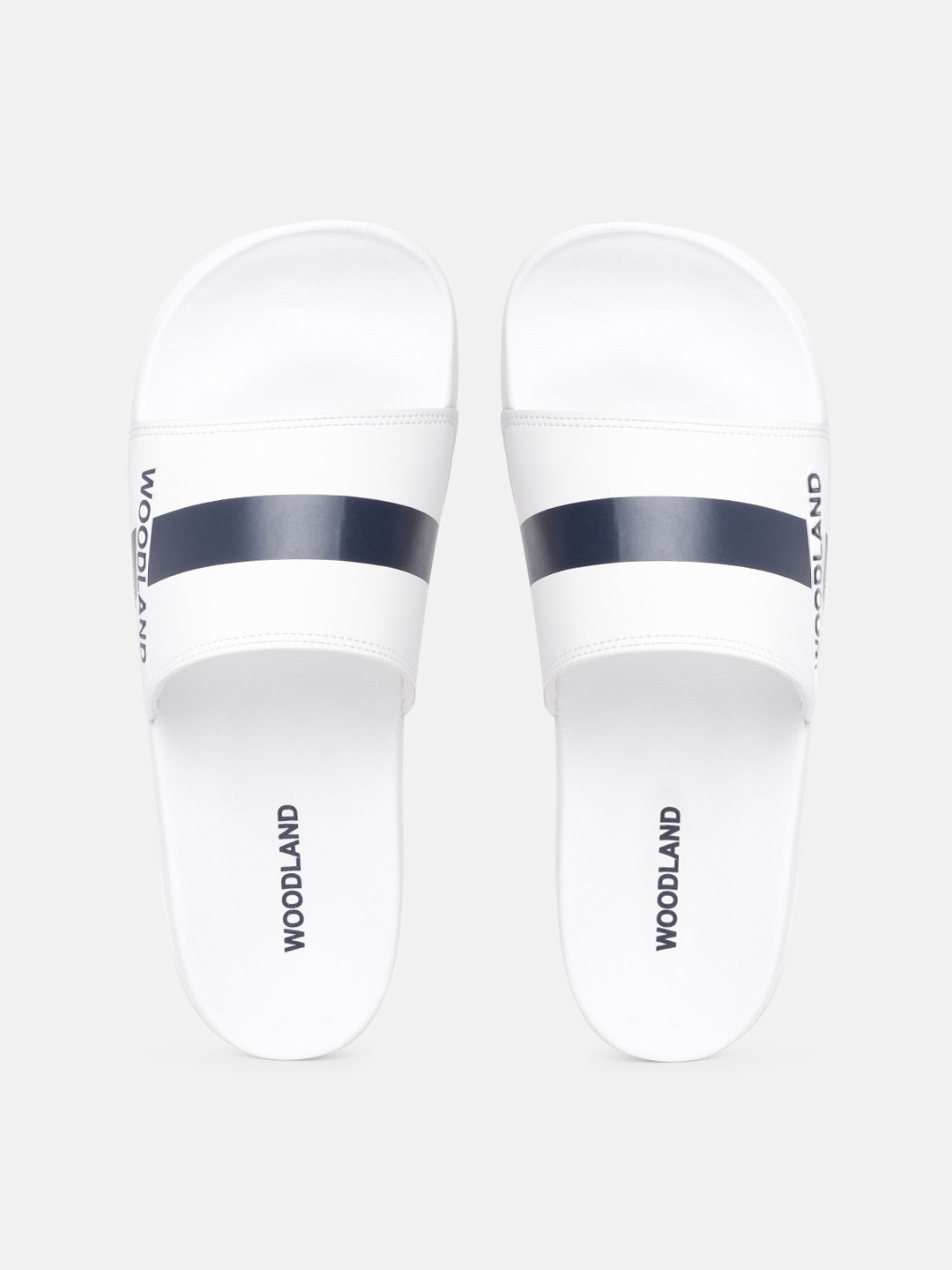 

Woodland Men White & Navy Blue Striped & Brand Logo Print Shock-Resistance Sliders