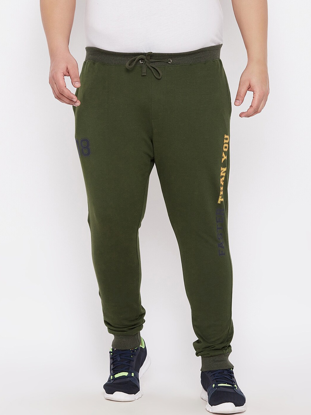 

ARDEUR Men Plus Size Olive Green Solid Pure Cotton Joggers With Printed Detail