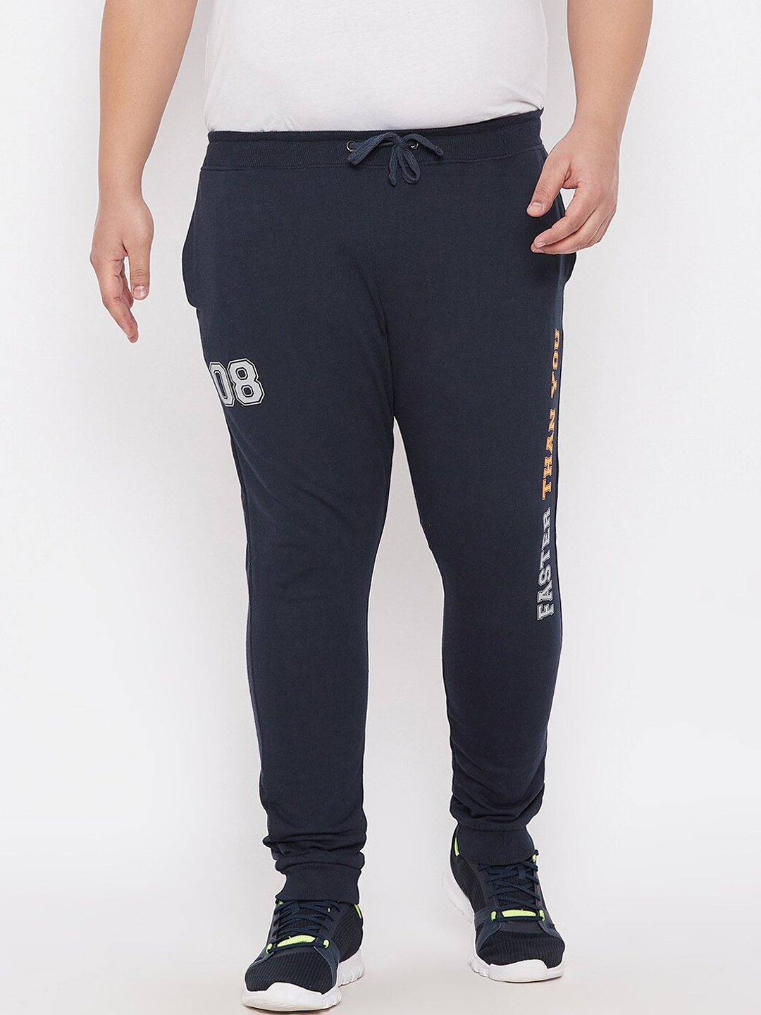 

ARDEUR Men Navy Blue Plus Size Solid Pure Cotton Joggers With Printed Detail
