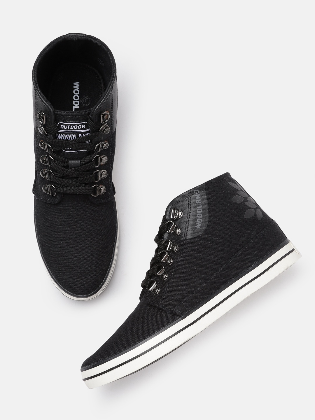 

Woodland Men Black & Charcoal Grey Solid Mid-Top Washable Brand Logo Print Detail Sneakers