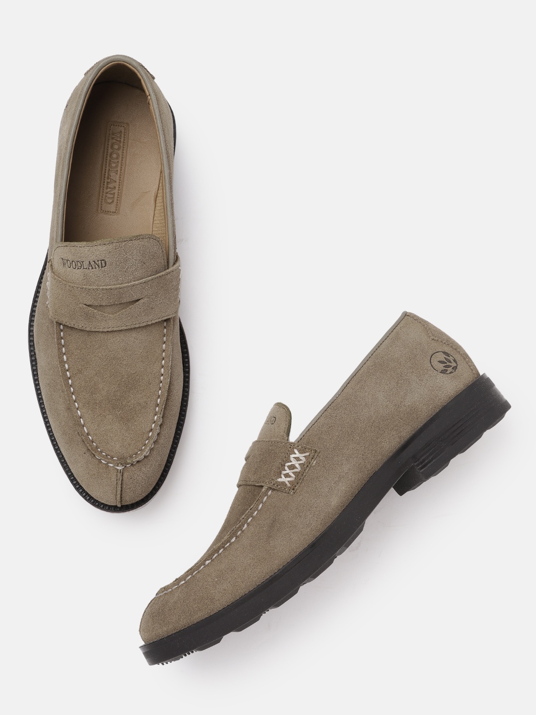 

Woodland Men Khaki Solid Leather Penny Loafers with Suede Finish